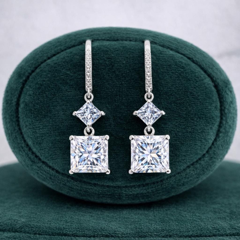 Princess Cut 2 Carat Moissanite Diamond Dangle Drop 925 Sterling Silver Earrings