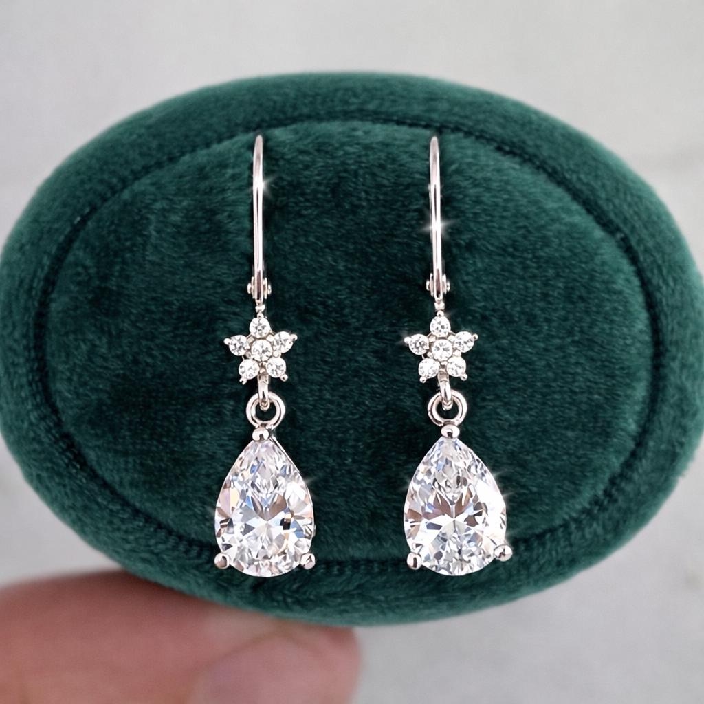 Pear Moissanite Earrings Dangle Drop : 925 Sterling Silver