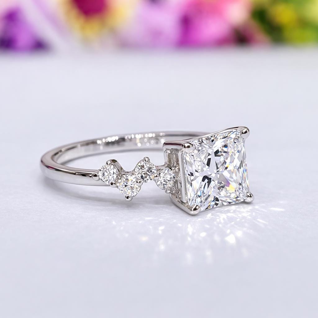 Princess Cut 2.5 CT Moissanite Engagement Ring : 925 Sterling Silver