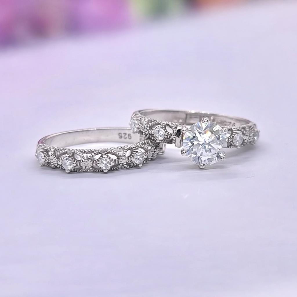 Vintage Style Moissanite Diamond Ring Set: Art Deco Sterling Silver Bridal Set