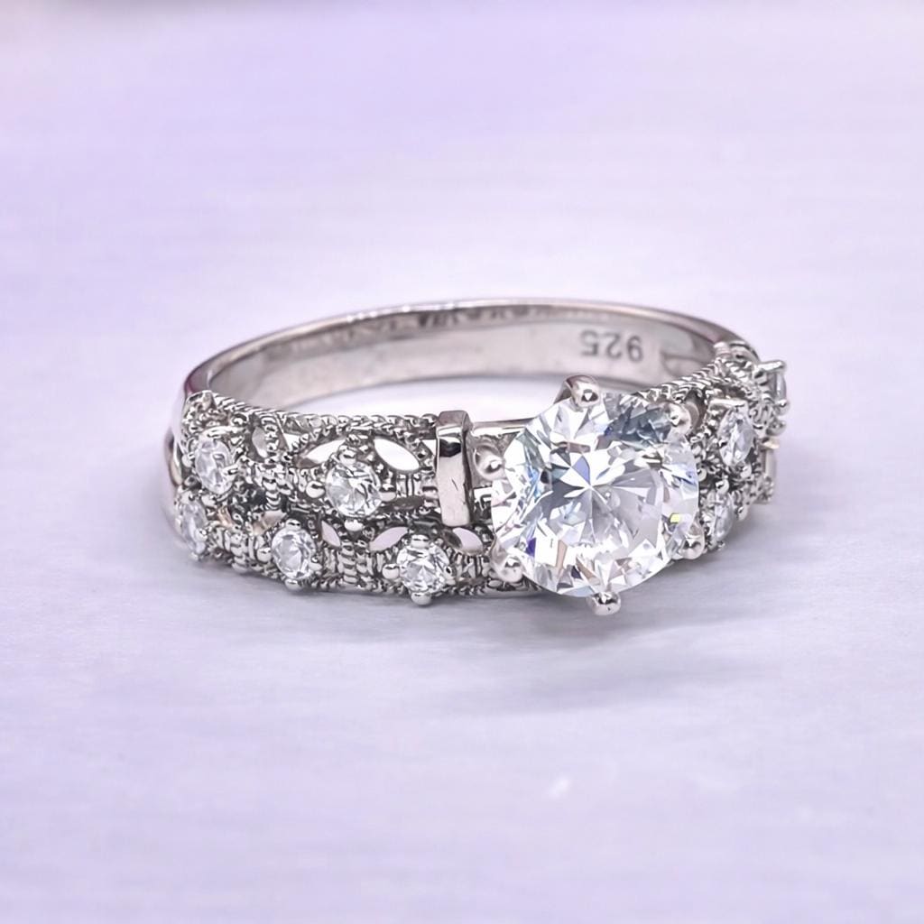 Vintage Style Moissanite Diamond Ring Set: Art Deco Sterling Silver Bridal Set