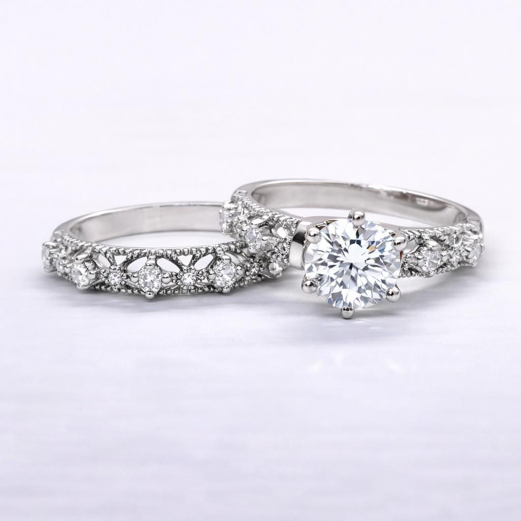 Vintage Style Moissanite Diamond Ring Set: Art Deco Sterling Silver Bridal Set