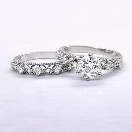 Vintage Style Moissanite Diamond Ring Set: Art Deco Sterling Silver Bridal Set