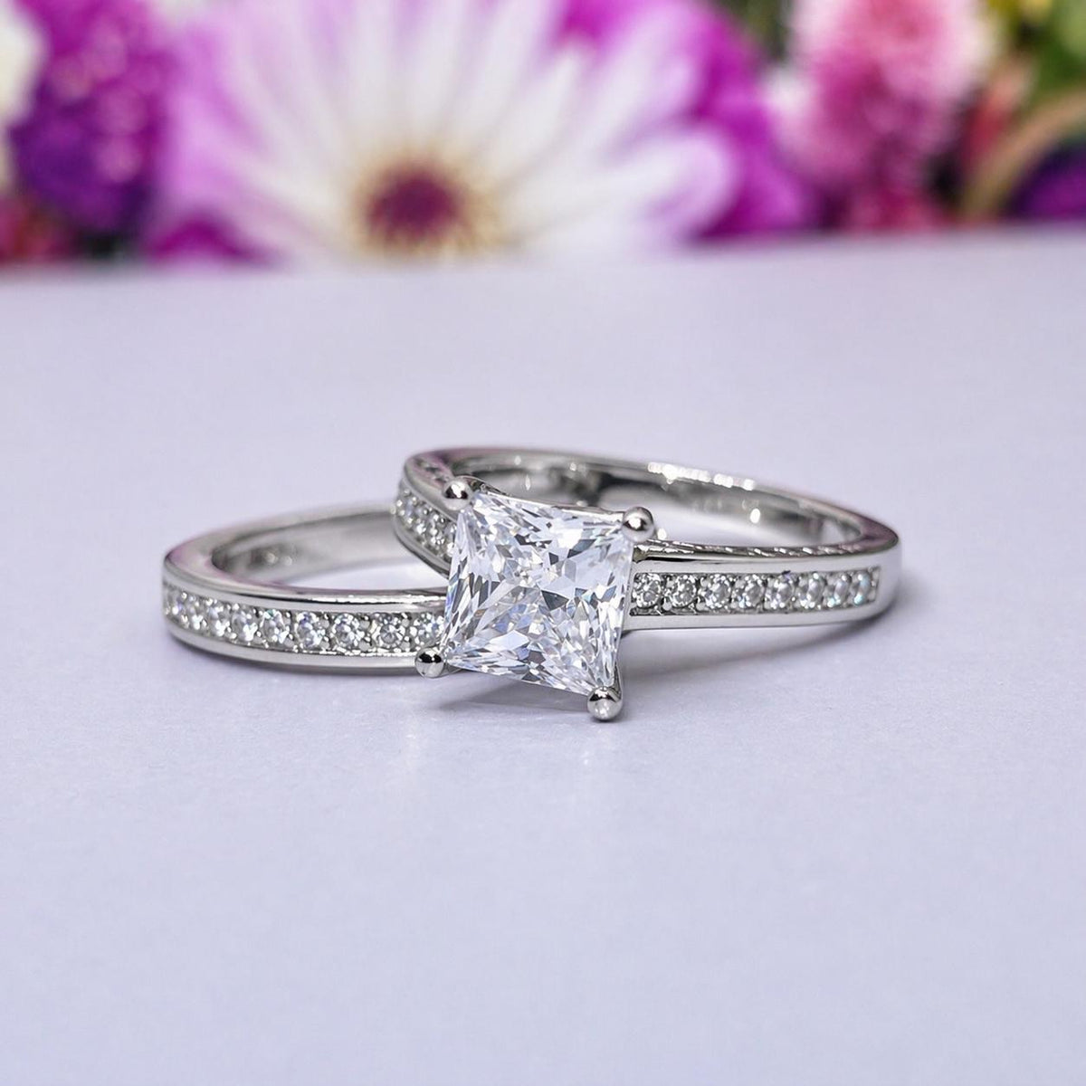 Princess Cut 1.5 Carat Moissanite Ring Set: Sterling Silver Wedding Engagement