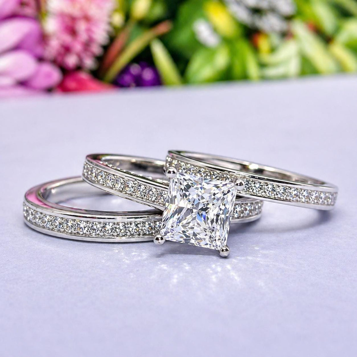 Princess Cut Moissanite Engagement Ring Set: Sterling Silver Anniversary Promise Ring