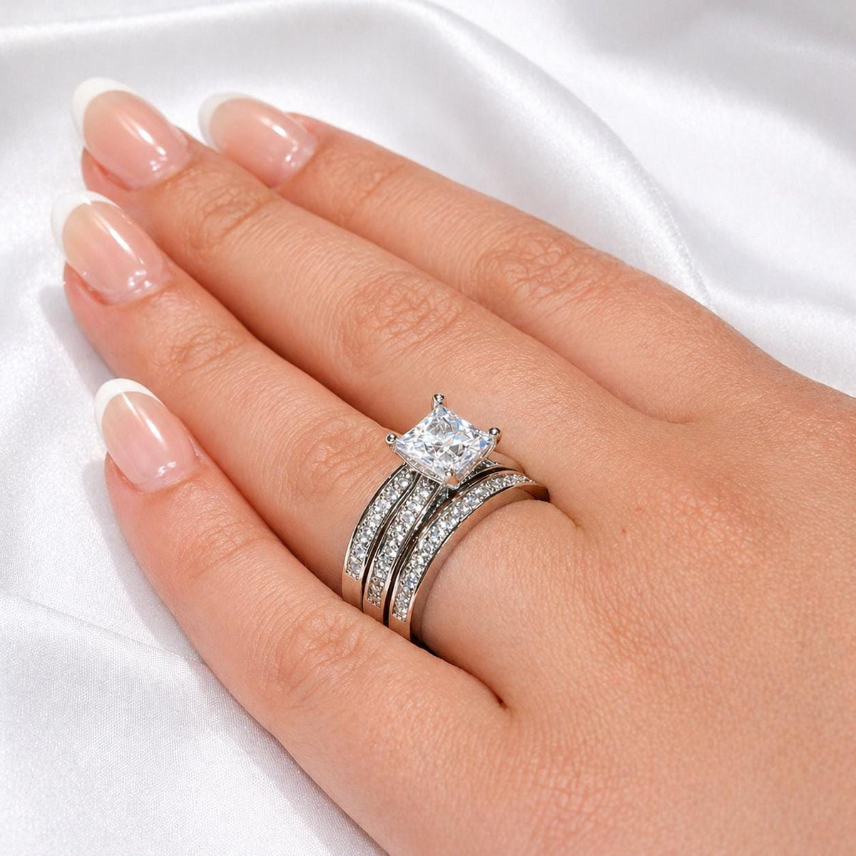 Princess Cut Moissanite Engagement Ring Set: Sterling Silver Anniversary Promise Ring