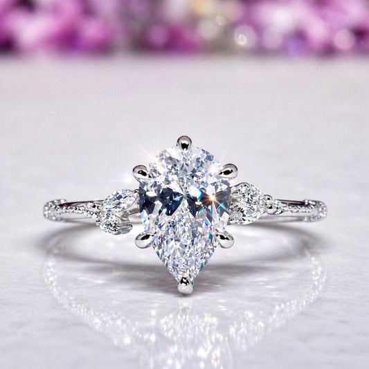 Pear Cut Moissanite Engagement Ring 2 Carat : Sterling Silver Bridal Ring