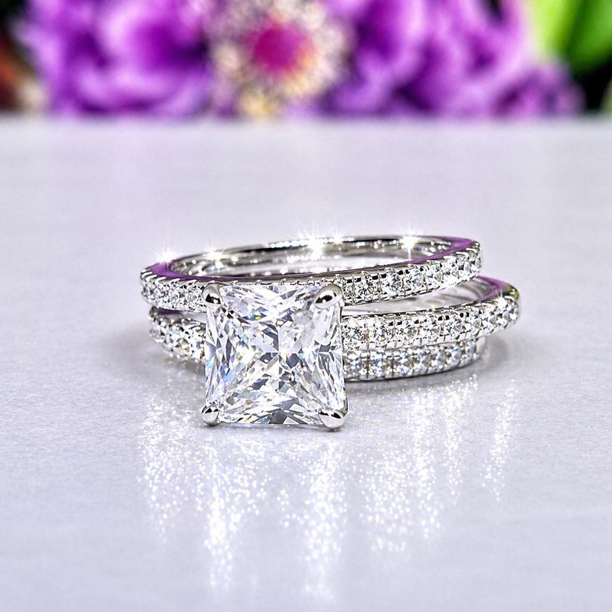 Princess Cut Moissanite Engagement Ring Set: Sterling Silver Bridal Rings