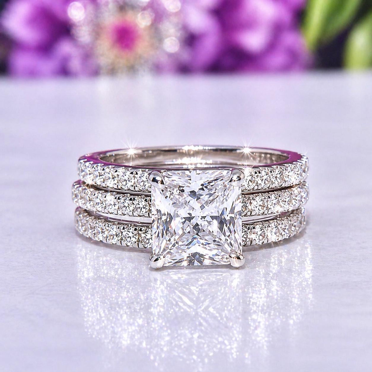 Princess Cut Moissanite Engagement Ring Set: Sterling Silver Bridal Rings