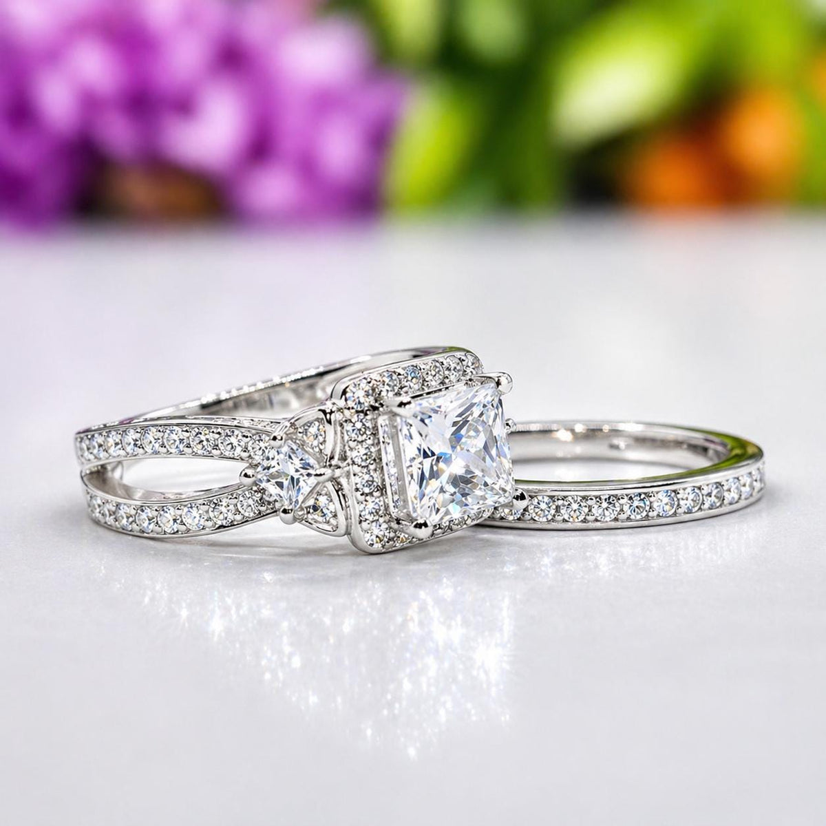 Princess Cut 1.5 Carat Moissanite Ring Set: Sterling Silver Wedding Anniversary Ring