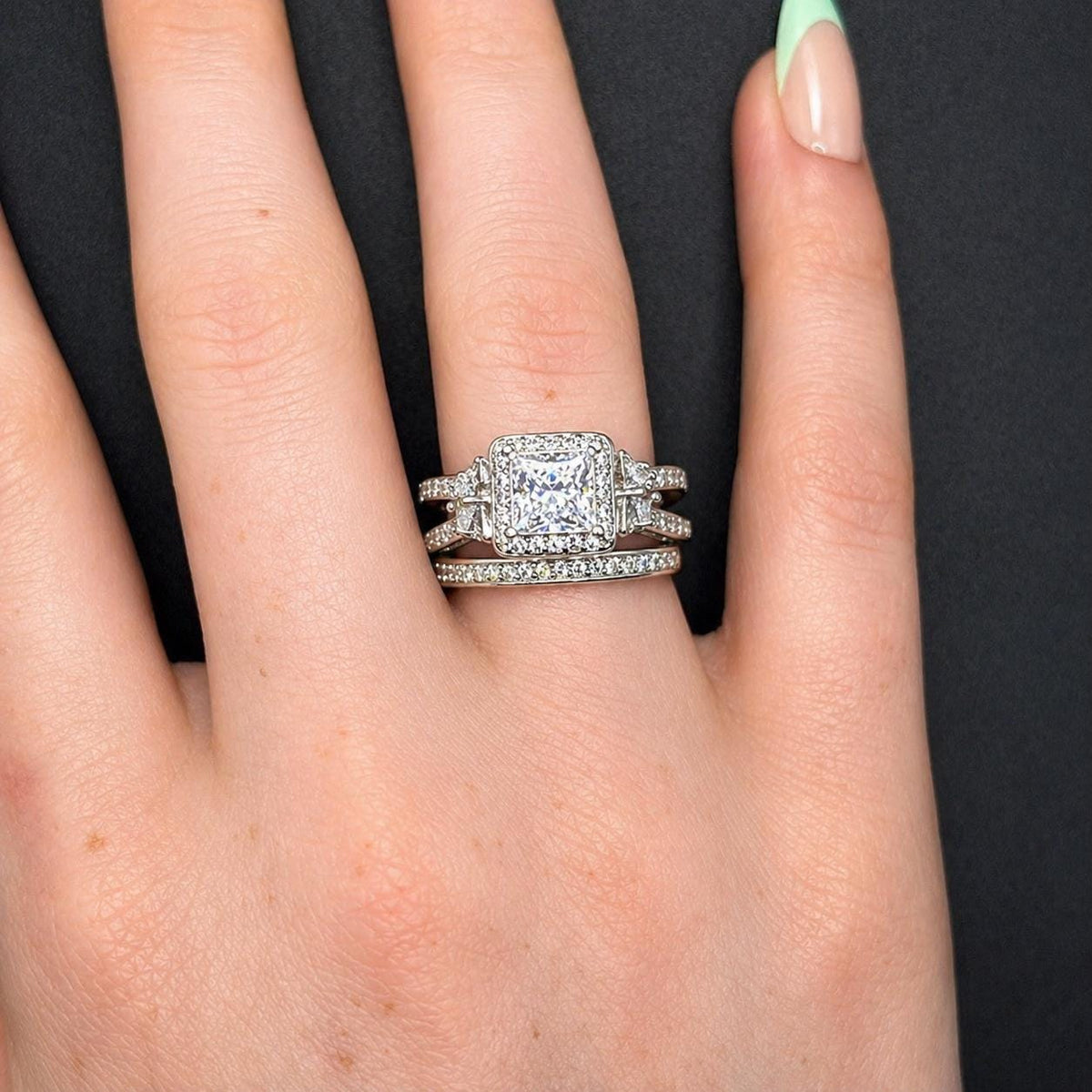 Princess Cut 1.5 Carat Moissanite Ring Set: Sterling Silver Wedding Anniversary Ring