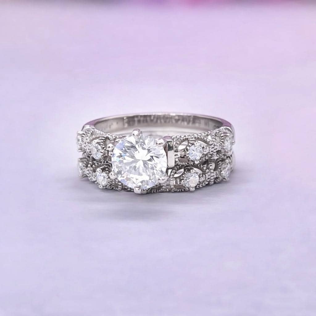 Vintage Style Moissanite Diamond Ring Set: Art Deco Sterling Silver Bridal Set