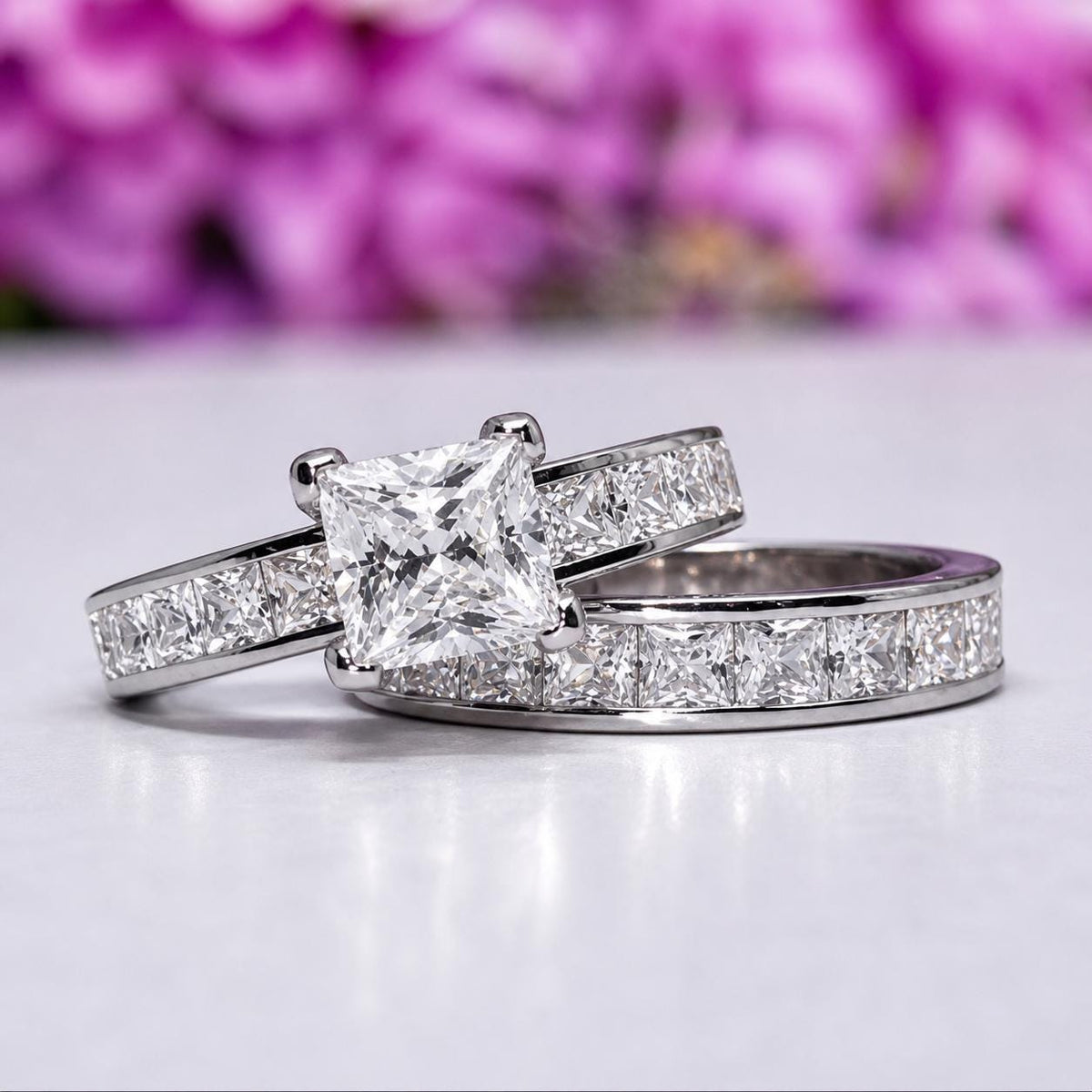 Princess Cut 1.5 Carat Moissanite Sterling Silver Engagement Ring Set