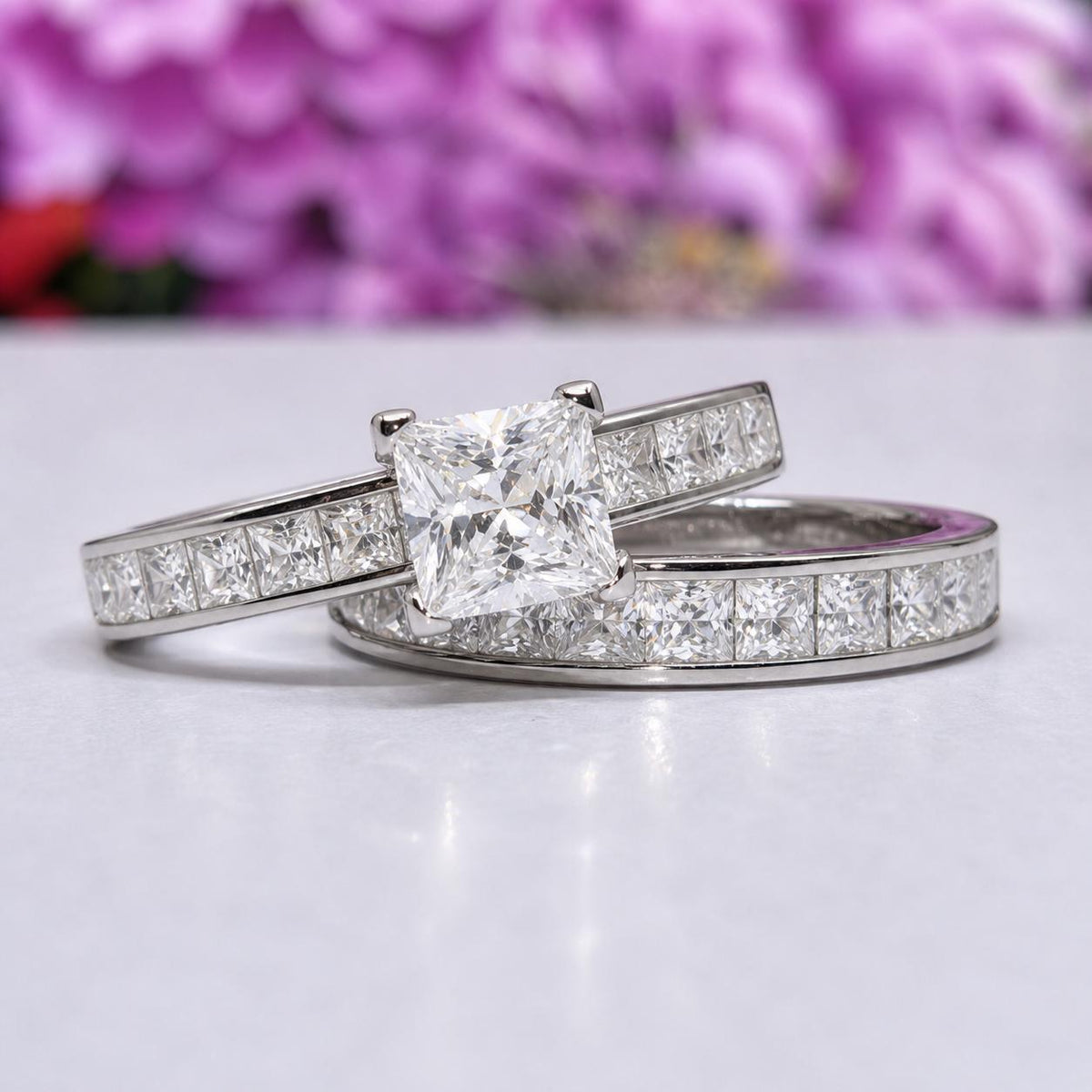 Princess Cut 1.5 Carat Moissanite Sterling Silver Engagement Ring Set