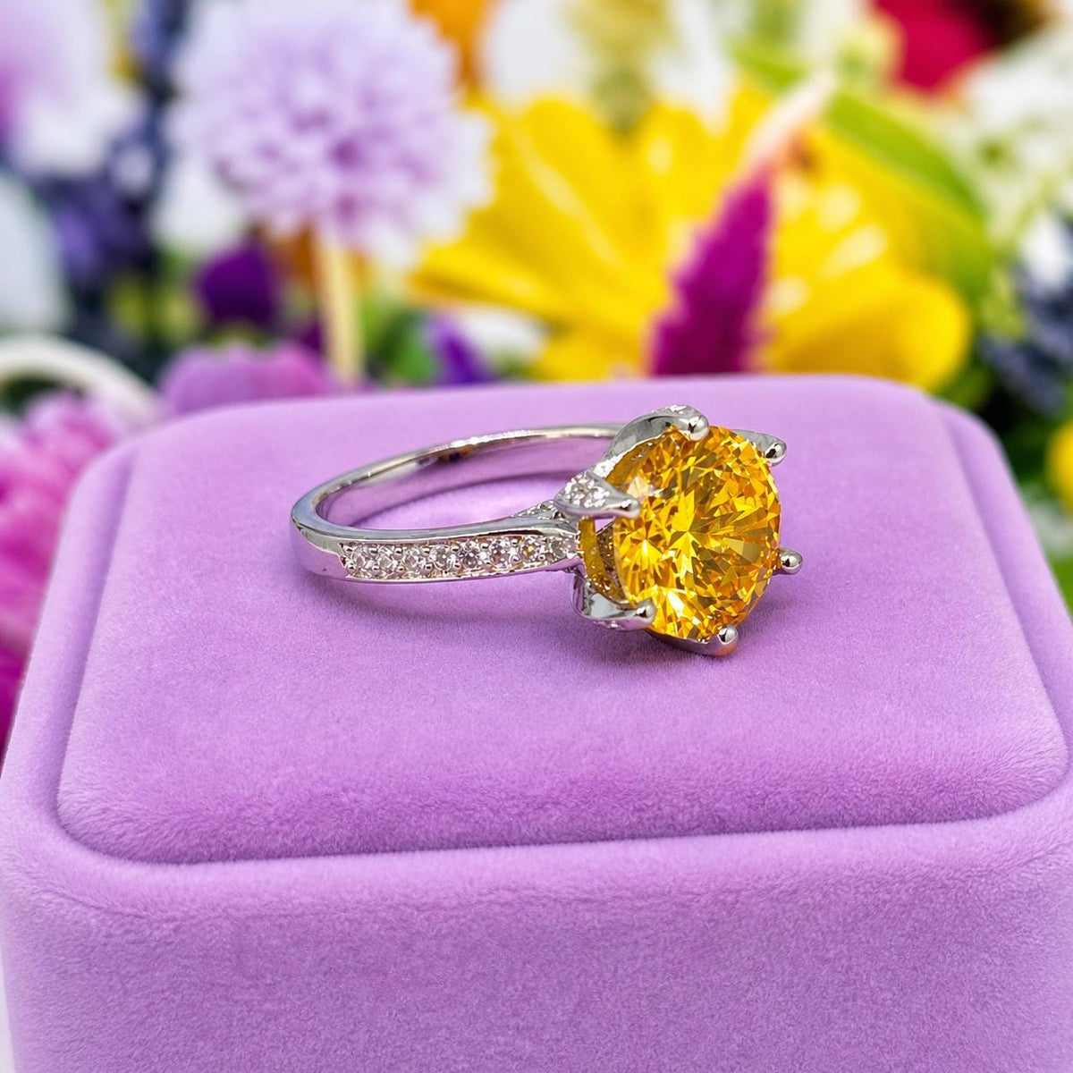 Round Cut 3 Carat Yellow Sapphire Silver Prong Setting Ring