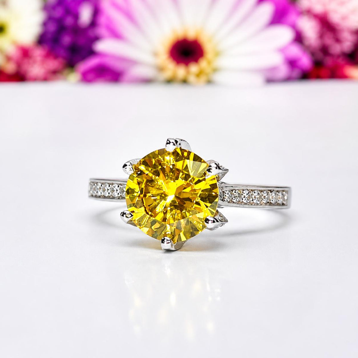 Round Cut 3 Carat Yellow Sapphire Silver Prong Setting Ring