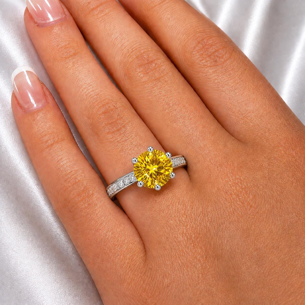 Round Cut 3 Carat Yellow Sapphire Silver Prong Setting Ring