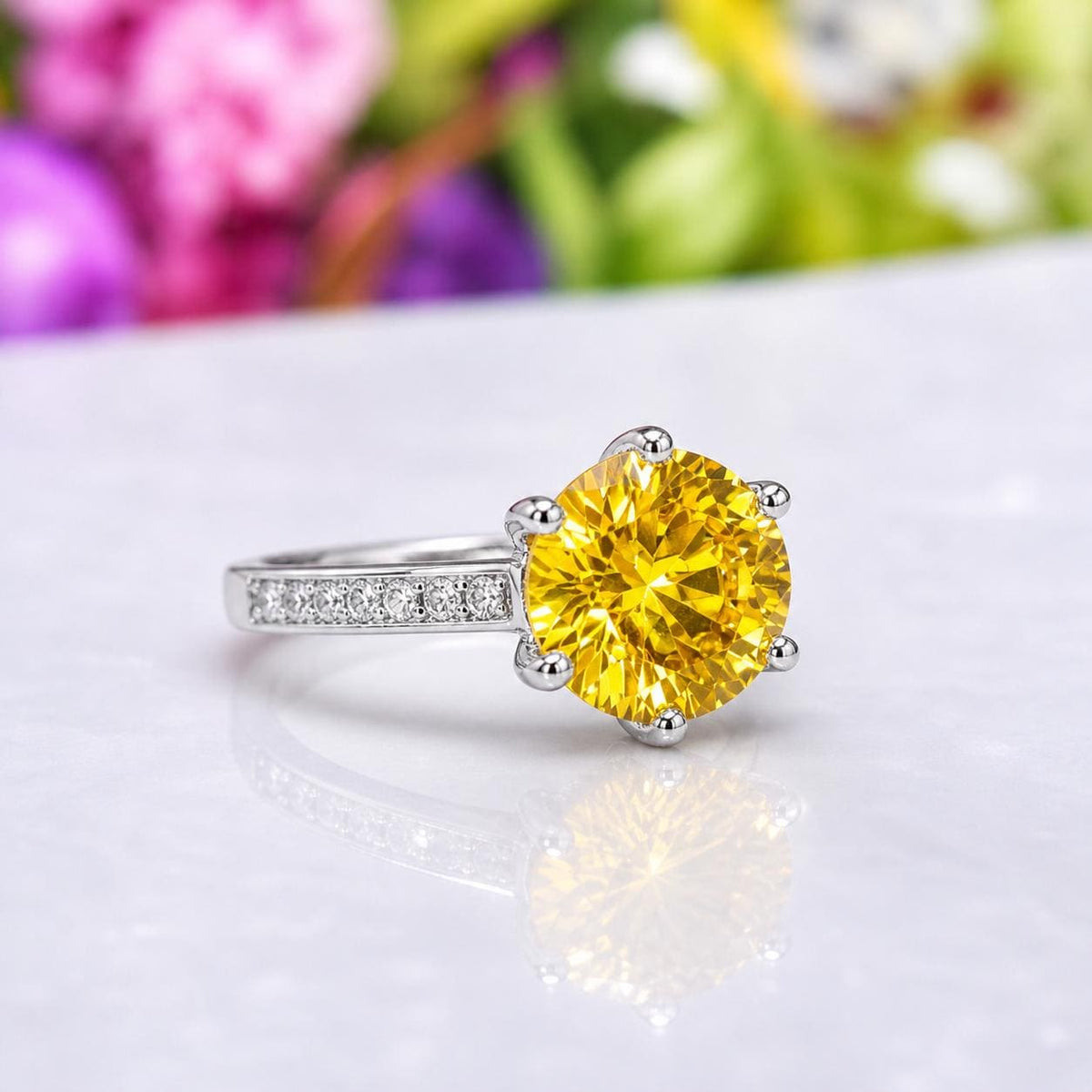 Round Cut 3 Carat Yellow Sapphire Silver Prong Setting Ring
