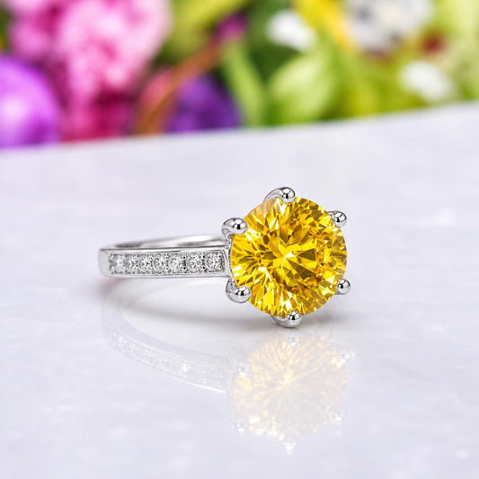 Round Cut 3 Carat Yellow Sapphire Silver Prong Setting Ring