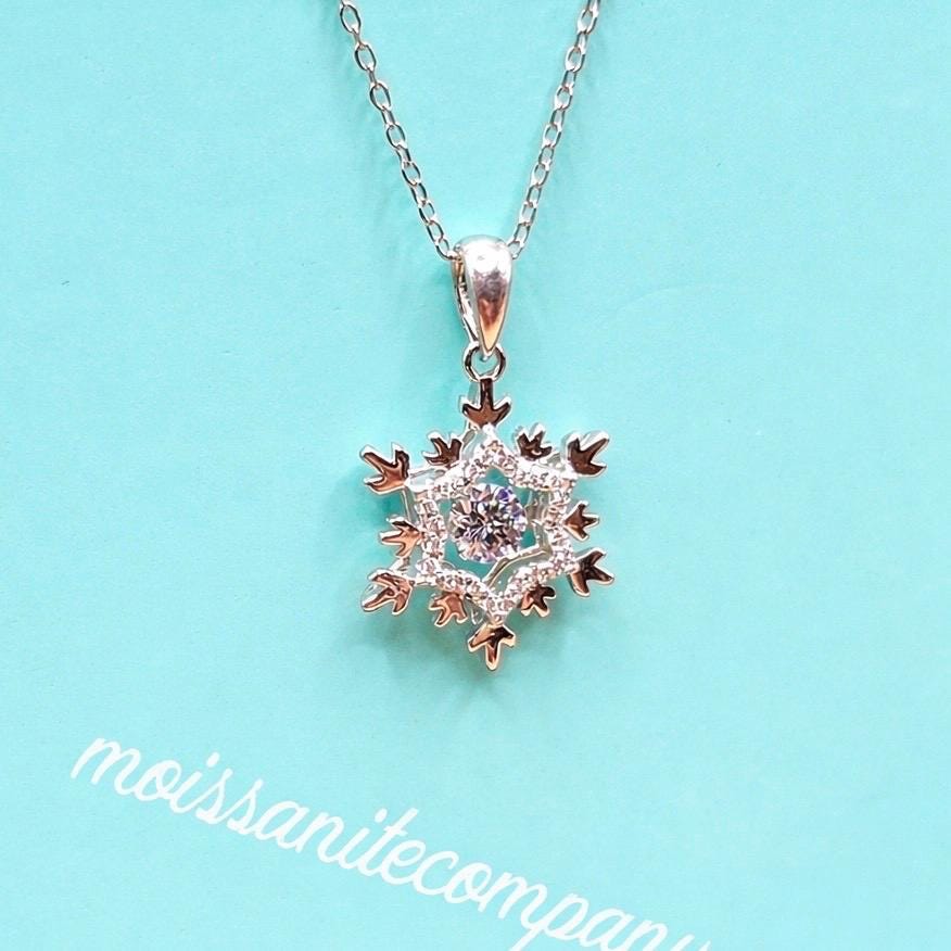 Sterling Silver Snowflake Necklace, Moissanite Diamond Pendant, Bridal Gift