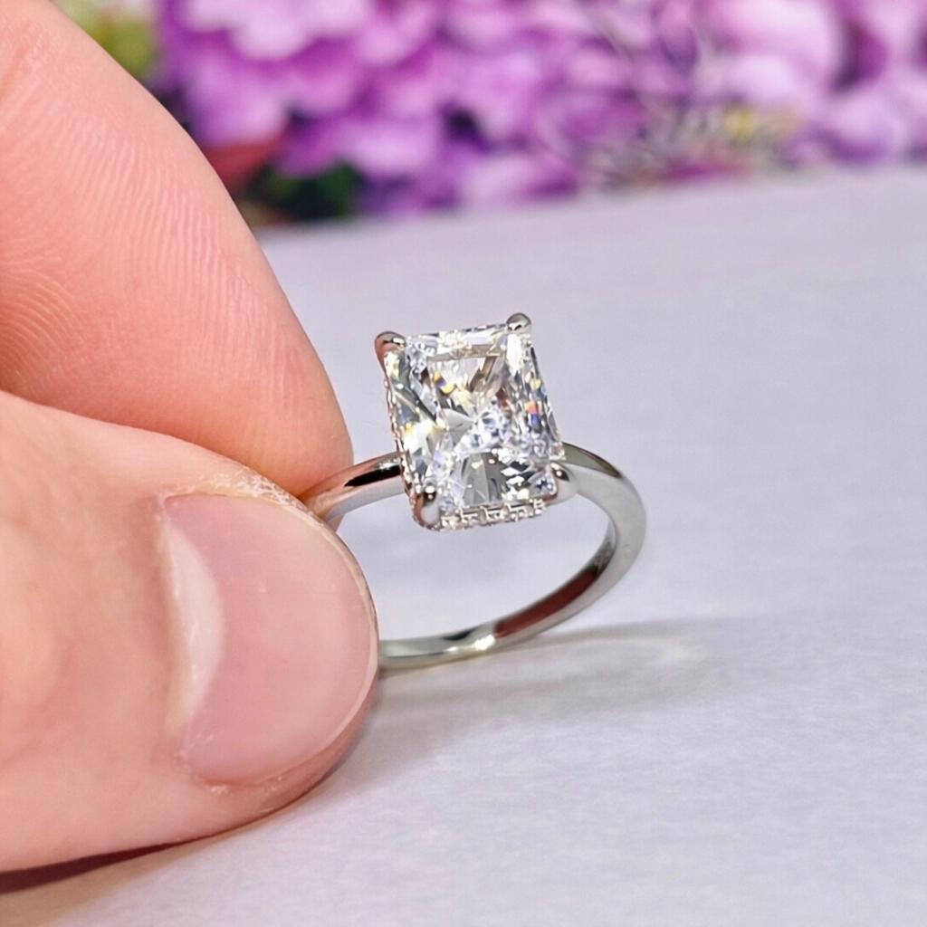 Radiant Cut 3 Carat Moissanite Engagement Ring : 925 Sterling Silver
