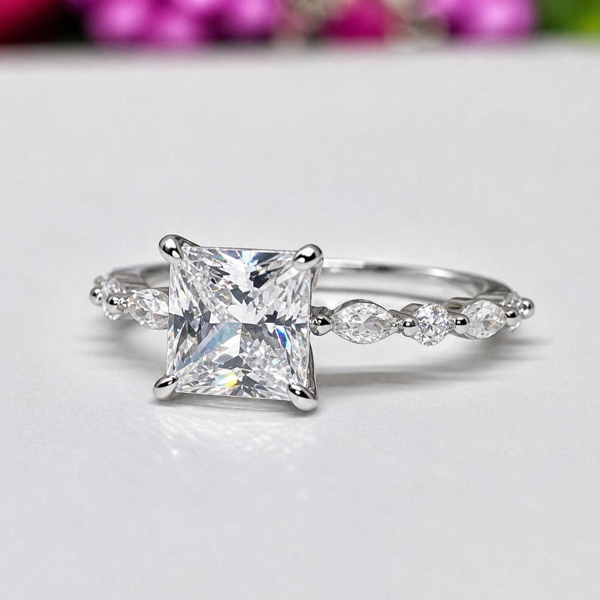 Princess Cut 2 Carat Moissanite Diamond Ring Marquise Style Engagement Wedding Band