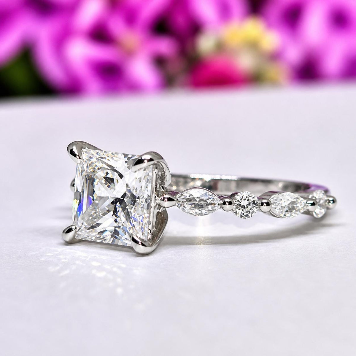 Princess Cut 2 Carat Moissanite Diamond Ring Marquise Style Engagement Wedding Band