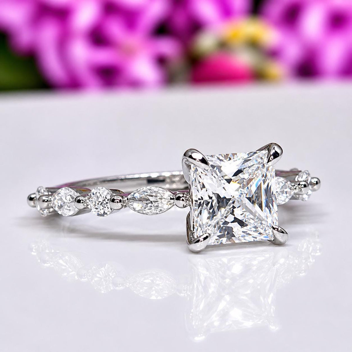 Princess Cut 2 Carat Moissanite Diamond Ring Marquise Style Engagement Wedding Band