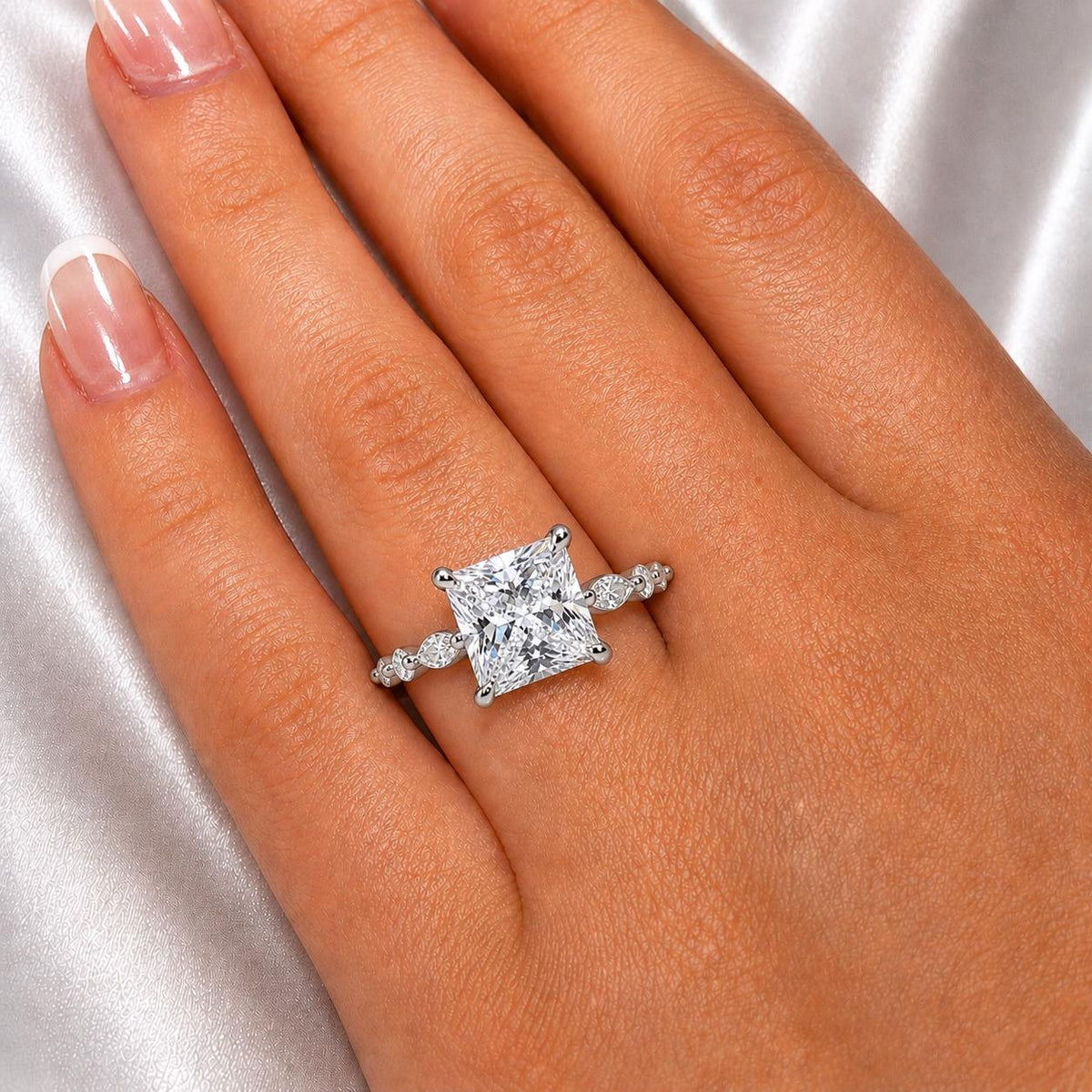 Princess Cut 2 Carat Moissanite Diamond Ring Marquise Style Engagement Wedding Band