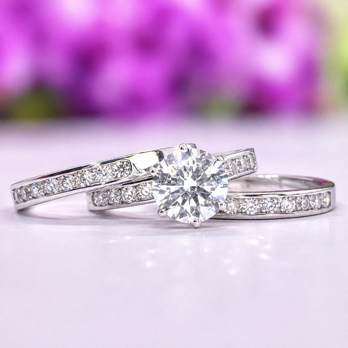 Round Cut 3 Carat Moissanite Bridal Engagement Ring Set | 925 Silver