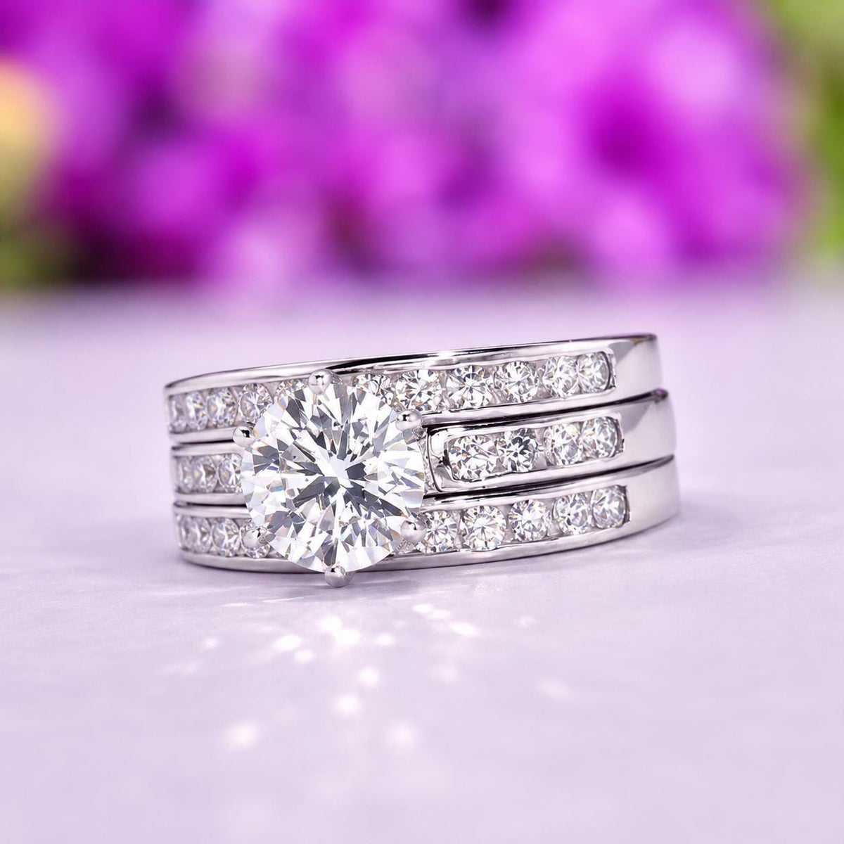 Round Cut 3 Carat Moissanite Bridal Engagement Ring Set | 925 Silver
