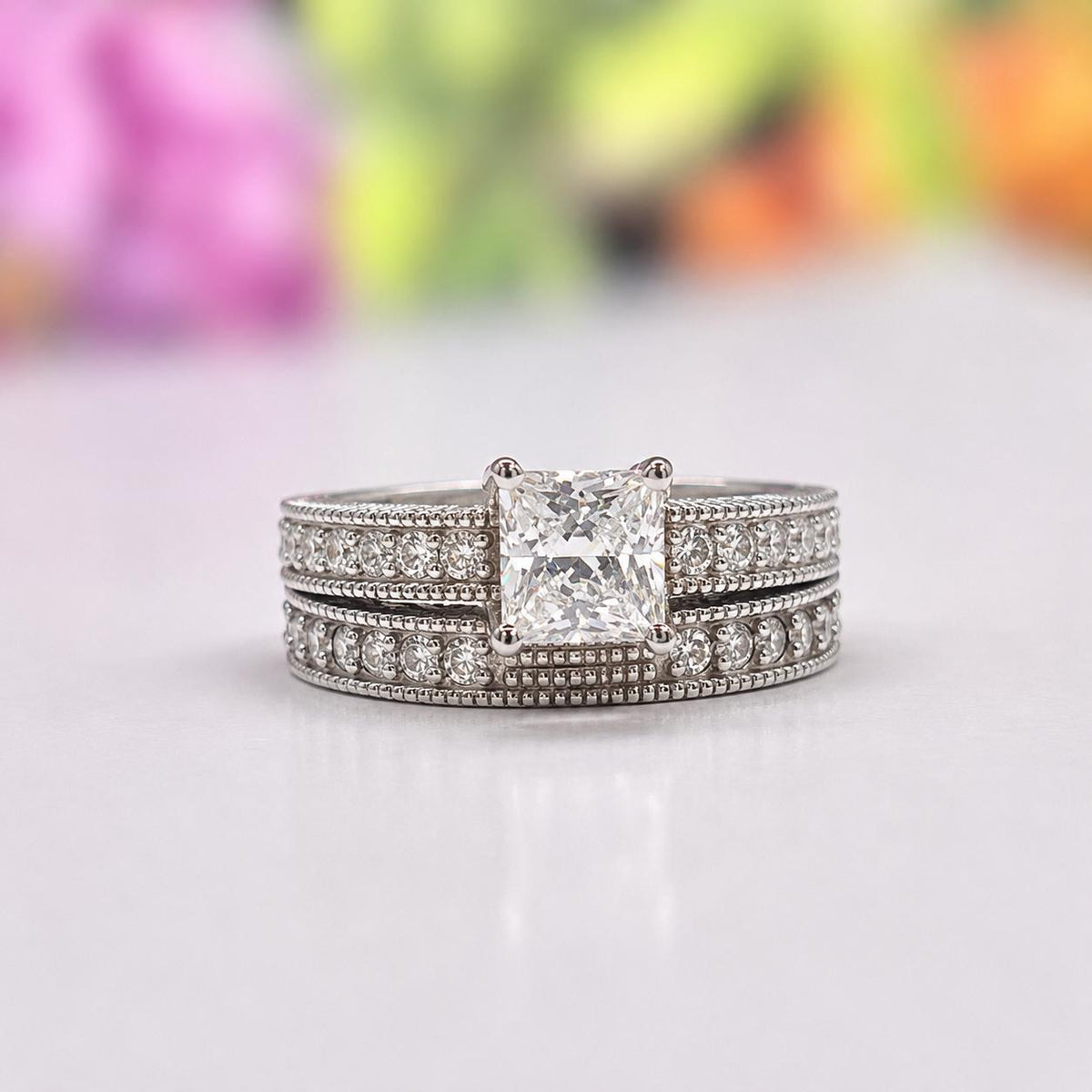 Victorian Princess Cut 1 CT Moissanite Engagement Ring Set - Sterling Silver