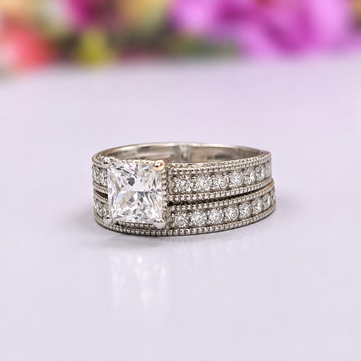 Victorian Princess Cut 1 CT Moissanite Engagement Ring Set - Sterling Silver