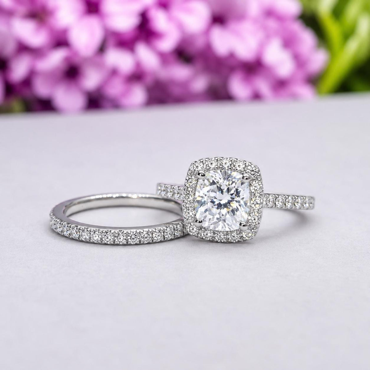 Round Cut 1.25 Carat Moissanite Silver Bridal Halo Ring Set