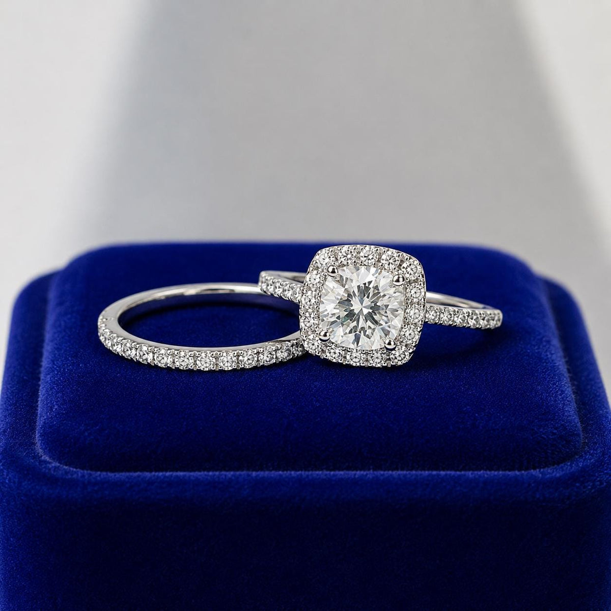 Round Cut 1.25 Carat Moissanite Silver Bridal Halo Ring Set