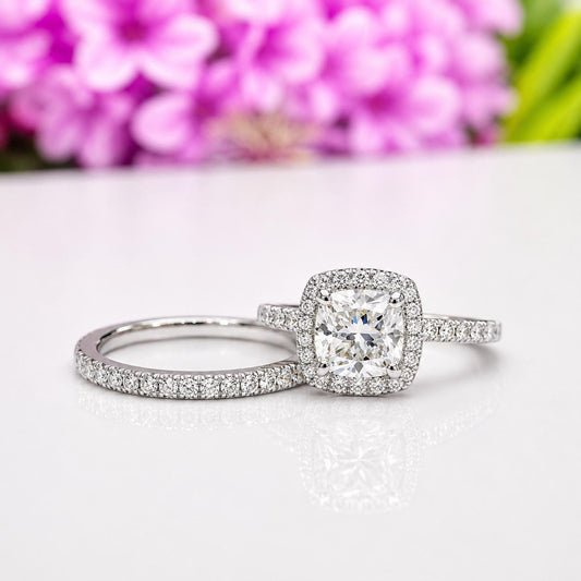 Round Cut 1.25 Carat Moissanite Silver Bridal Halo Ring Set