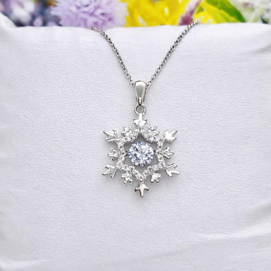 Sterling Silver Snowflake Necklace, Moissanite Diamond Pendant, Bridal Gift