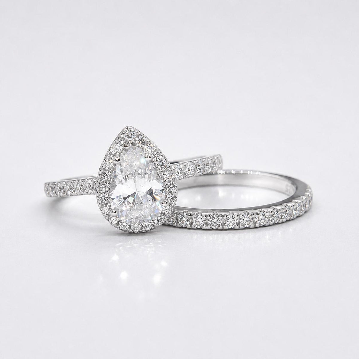 Pear Cut Engagement Ring Set Moissanite 1.5 Carat : 925 Sterling Silver