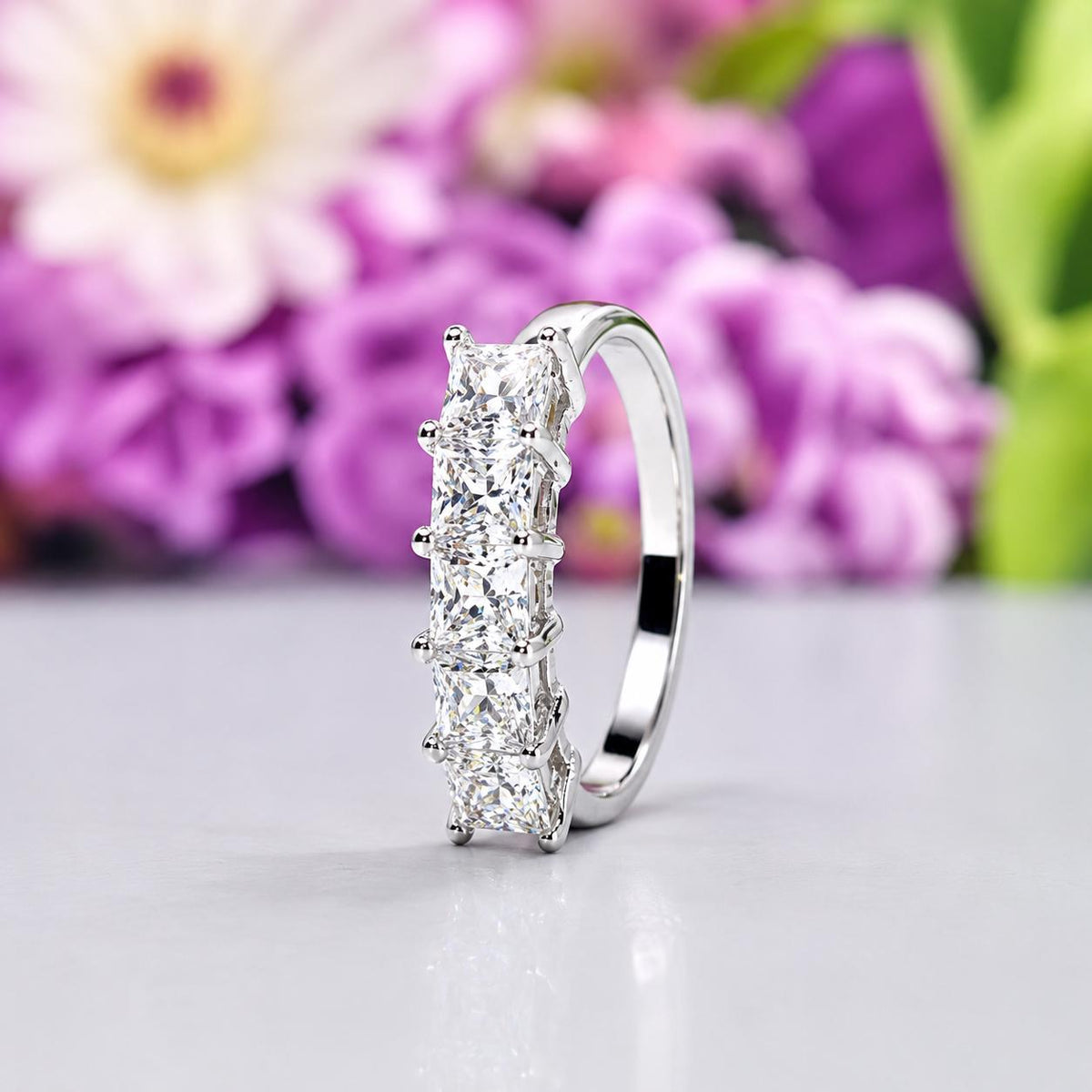 Princess Cut Moissanite Wedding Band: Sterling Silver Five Stone Ring