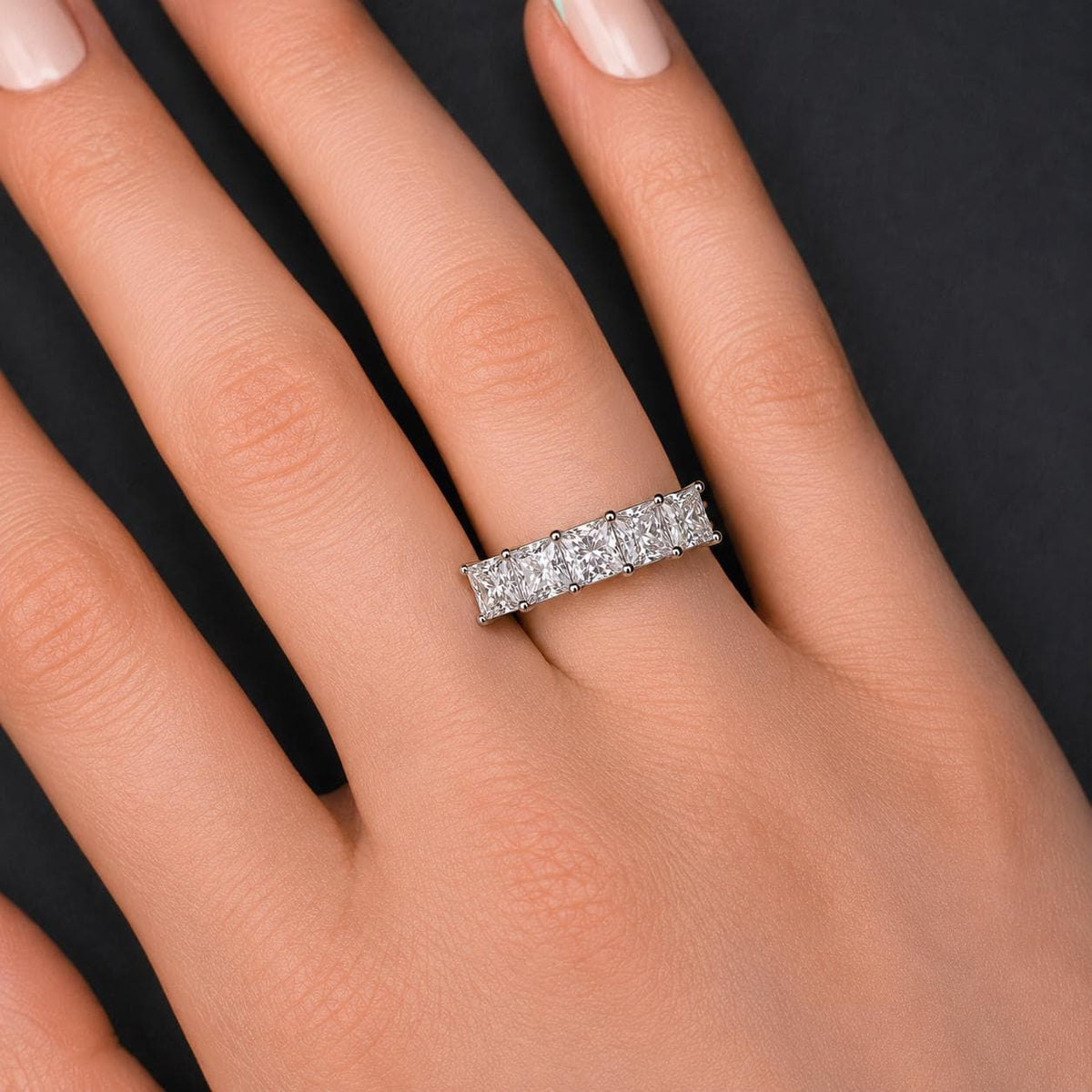 Princess Cut Moissanite Wedding Band: Sterling Silver Five Stone Ring