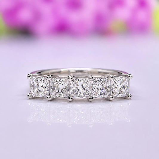 Princess Cut Moissanite Wedding Band: Sterling Silver Five Stone Ring