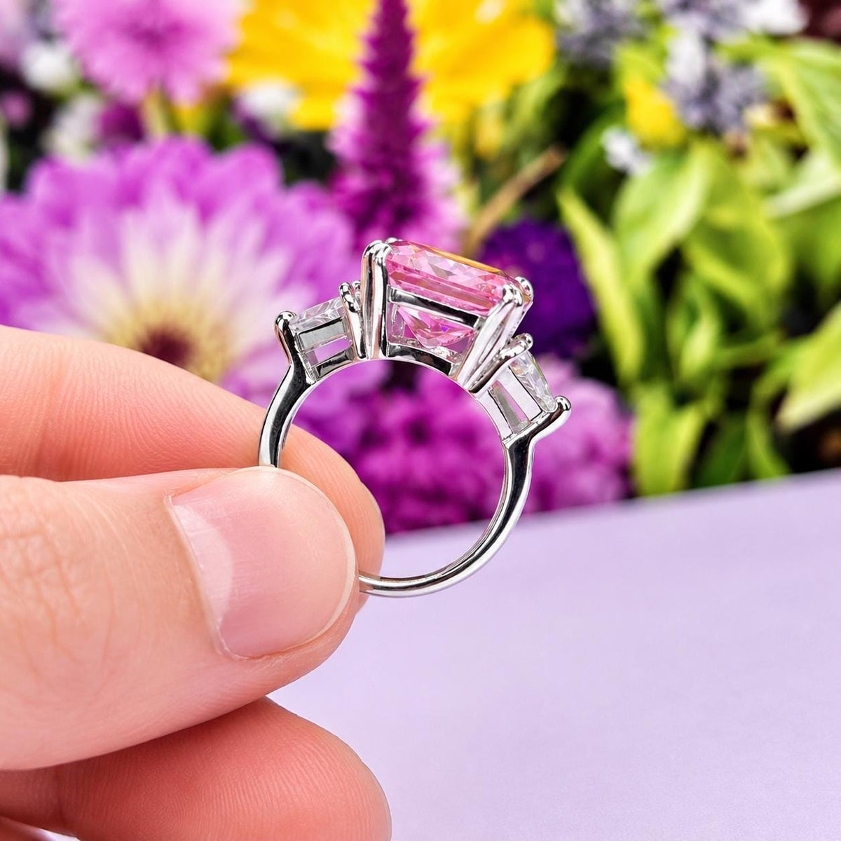 Square Cut Pink Sapphire Ring: 8 Ctw, Sterling Silver Engagement Ring