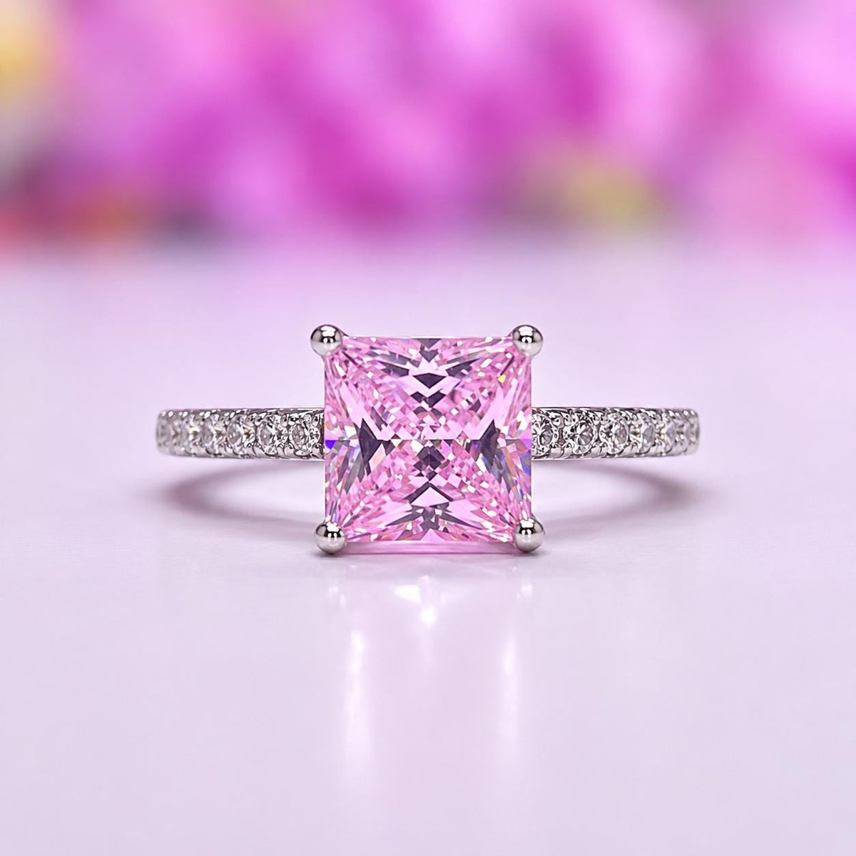 Princess Cut 1.5 Ct Pink Moissanite 925 Sterling Silver Bridal Ring