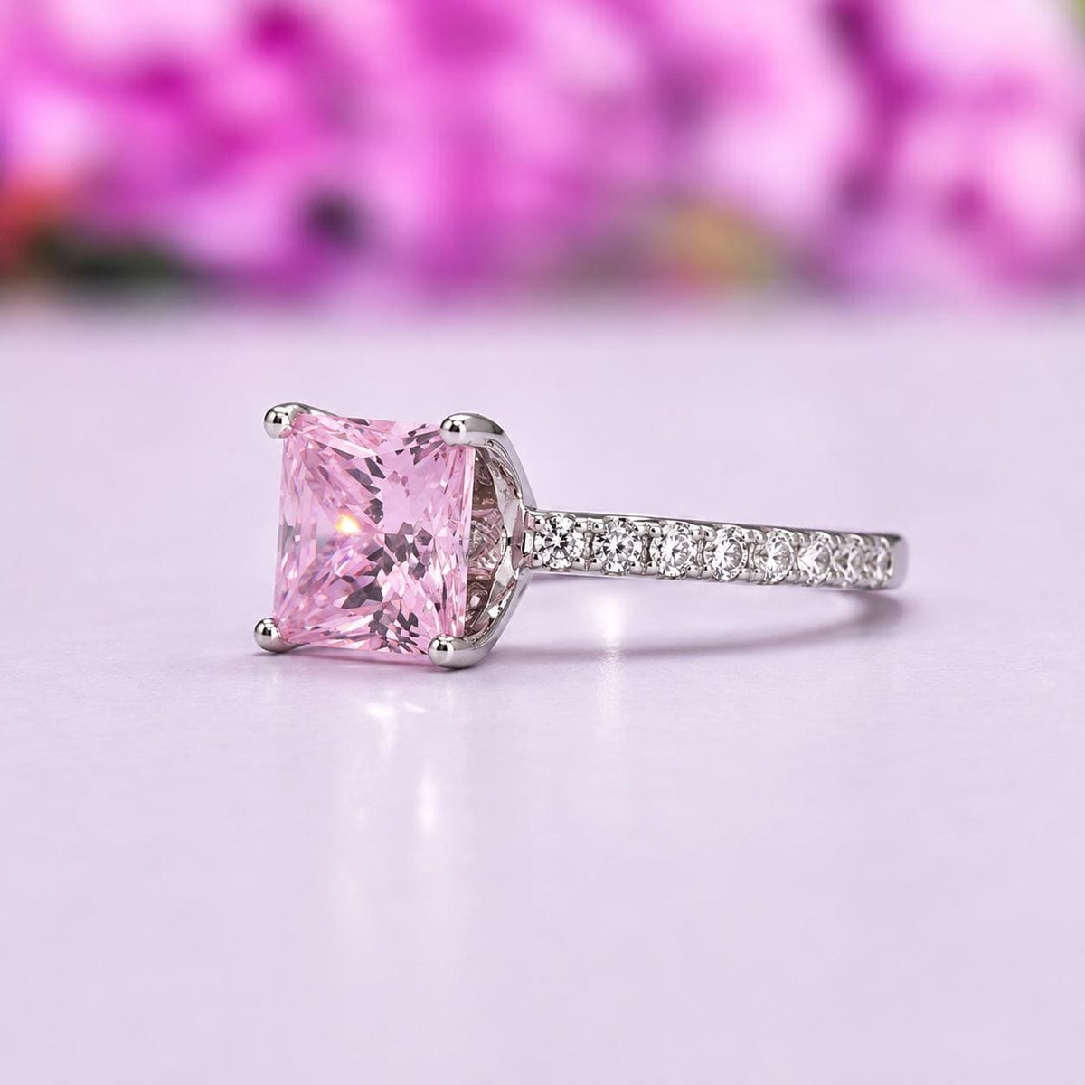 Princess Cut 1.5 Ct Pink Moissanite 925 Sterling Silver Bridal Ring