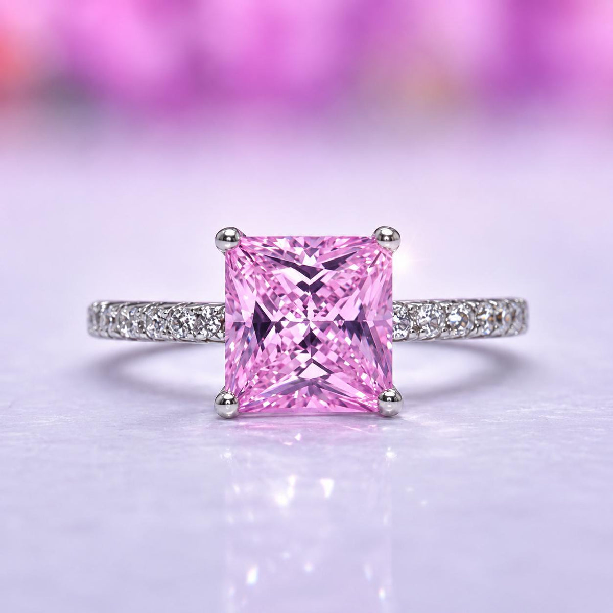 Princess Cut 1.5 Ct Pink Moissanite 925 Sterling Silver Bridal Ring