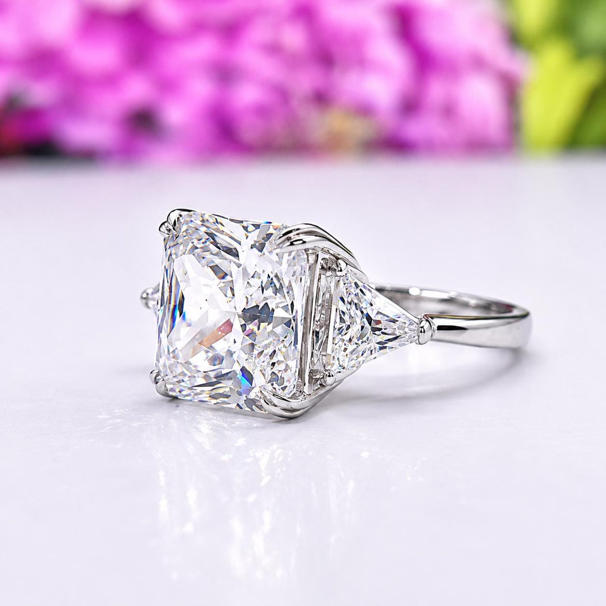 square Cut 8 ctw Moissanite Three Stone Engagement Ring - Sterling Silver