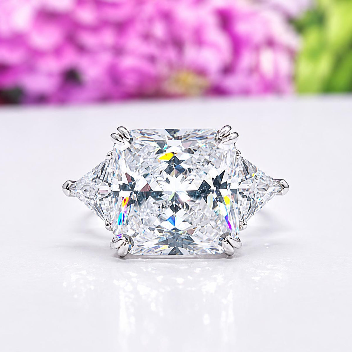 square Cut 8 ctw Moissanite Three Stone Engagement Ring - Sterling Silver