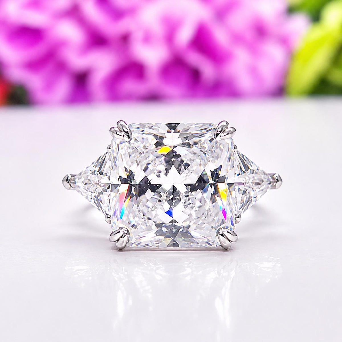 square Cut 8 ctw Moissanite Three Stone Engagement Ring - Sterling Silver