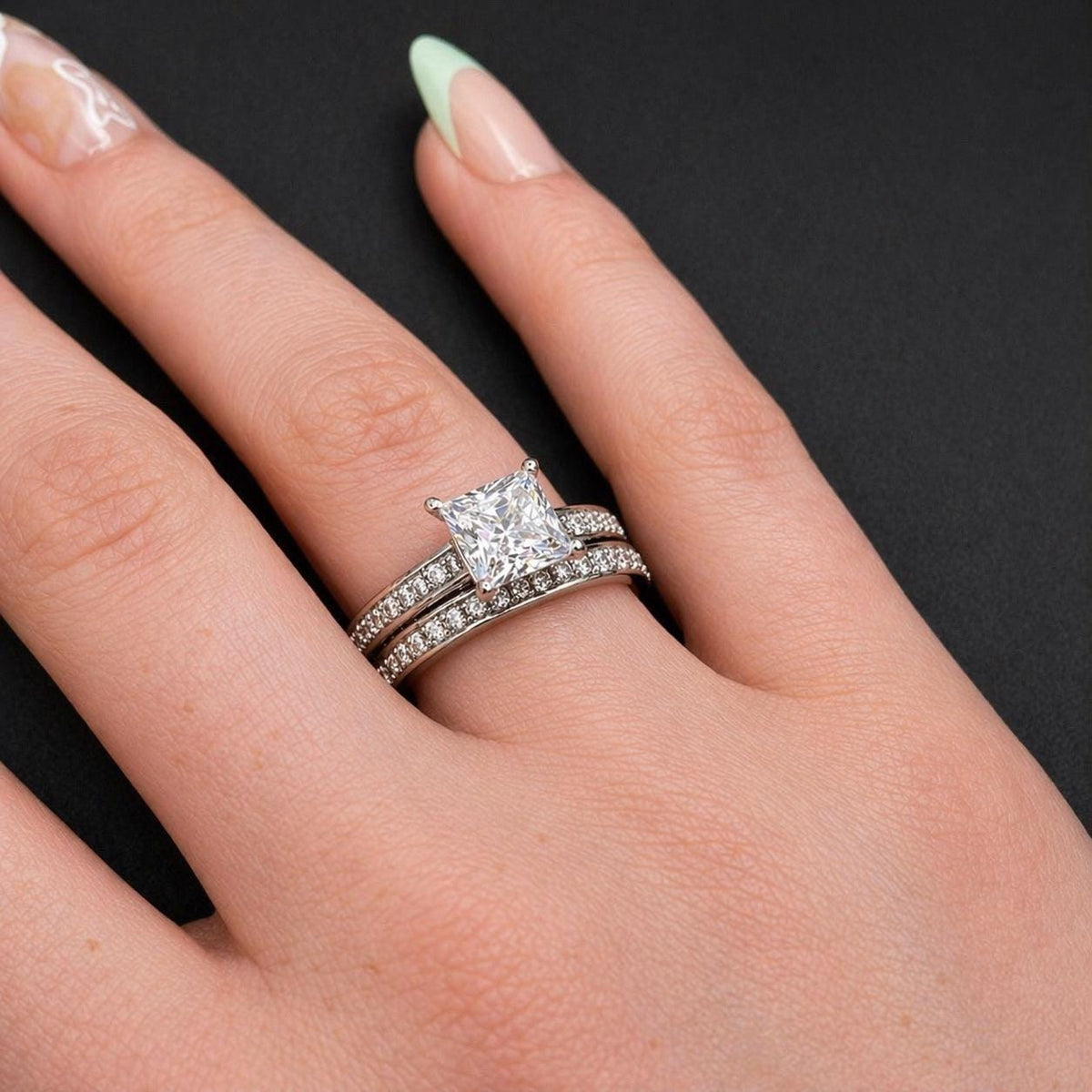Princess Cut 1.5 Carat Moissanite Ring Set: Sterling Silver Wedding Engagement