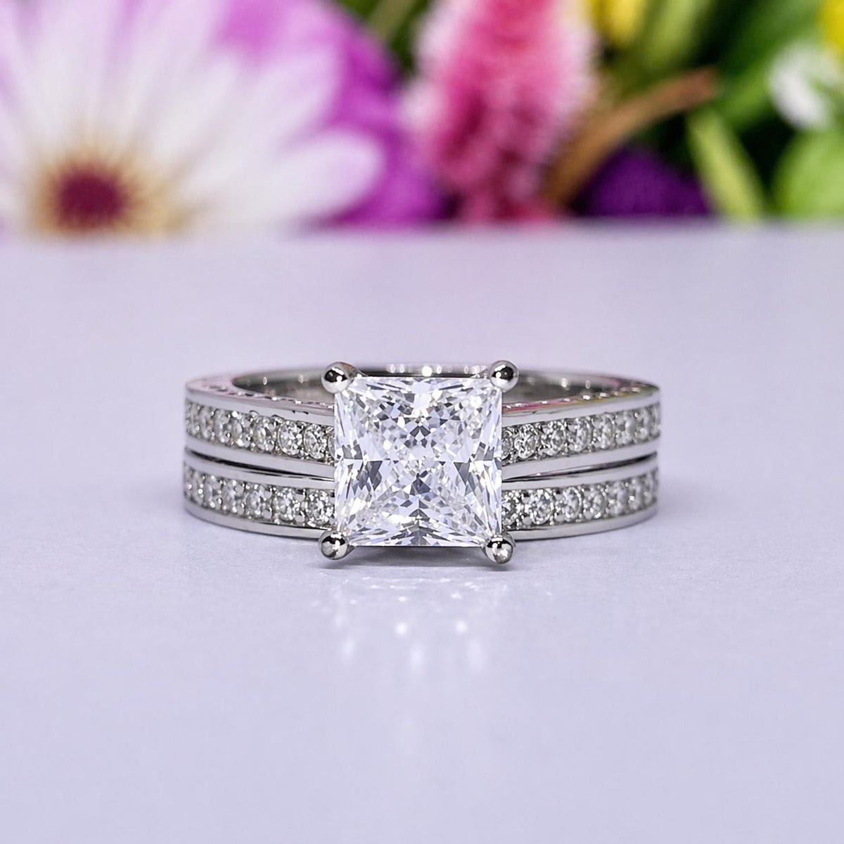 Princess Cut 1.5 Carat Moissanite Ring Set: Sterling Silver Wedding Engagement